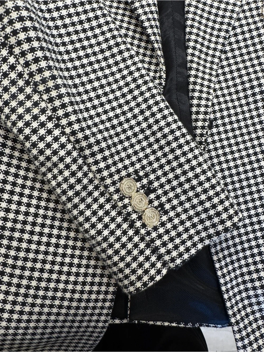 Zara Black & White Houndstooth Double Breasted Blazer Gold Button Jacket - Picture 5 of 6
